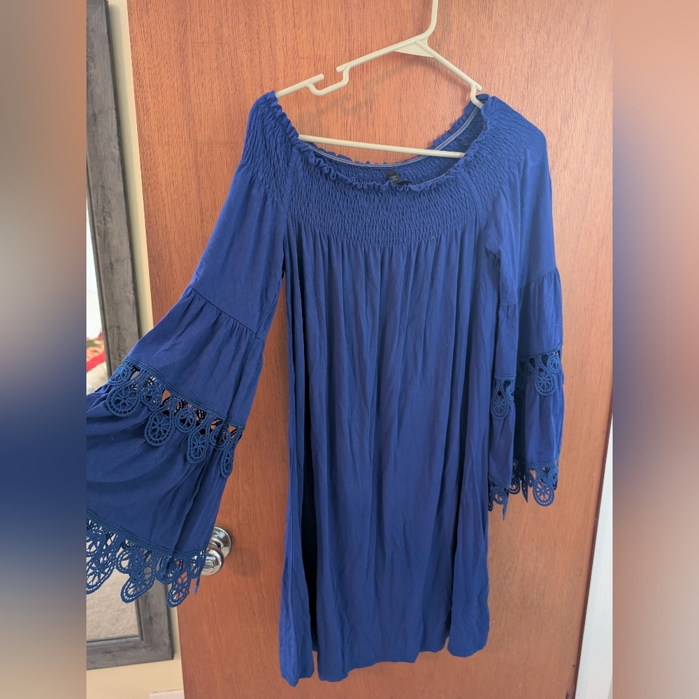 Lapis Royal Blue Smocked Tunic with Lace Sleeves